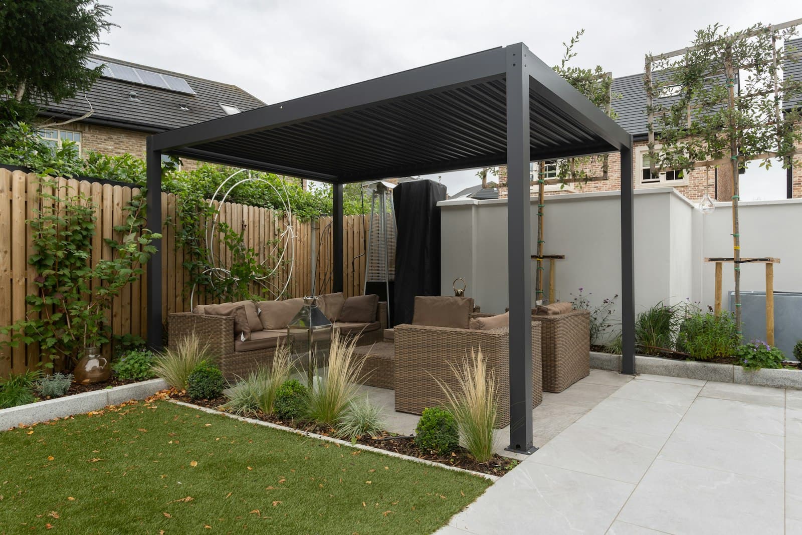 Covered patio lounge under a timber pergola